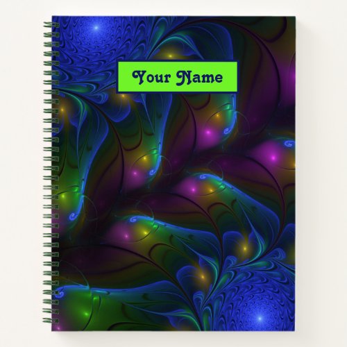 Colorful Luminous Abstract Modern Fractal Art Name Notebook