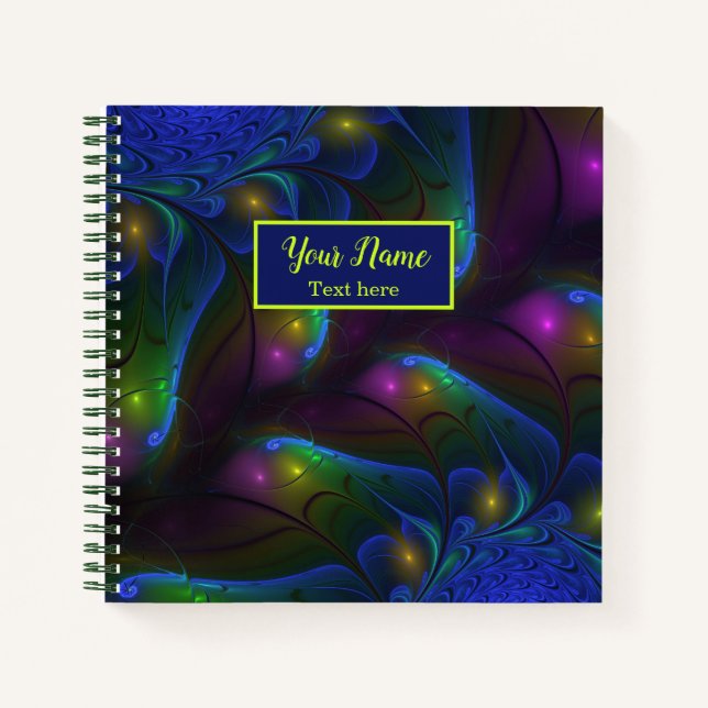 Colorful Luminous Abstract Modern Fractal Art Name Notebook (Front)