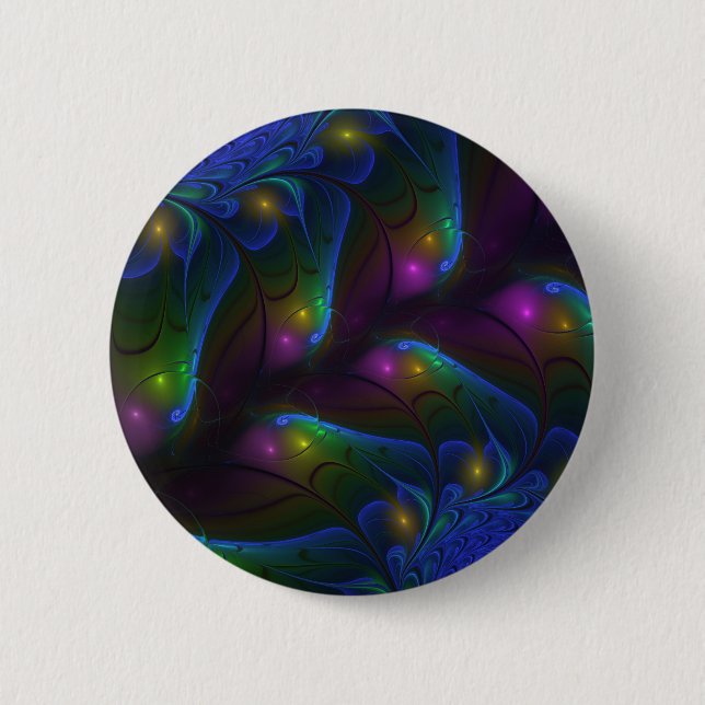 Colorful Luminous Abstract Modern Trippy Fractal Button (Front)