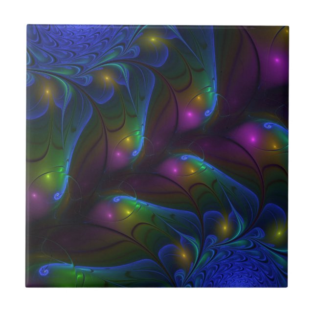 Colorful Luminous Abstract Modern Trippy Fractal Ceramic Tile (Front)
