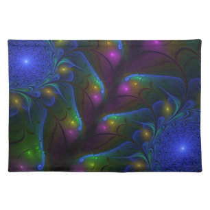 Colorful Luminous Abstract Modern Trippy Fractal Cloth Placemat
