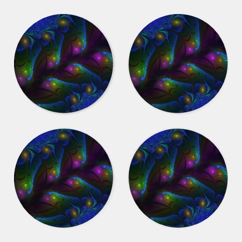 Colorful Luminous Abstract Modern Trippy Fractal Coaster Set