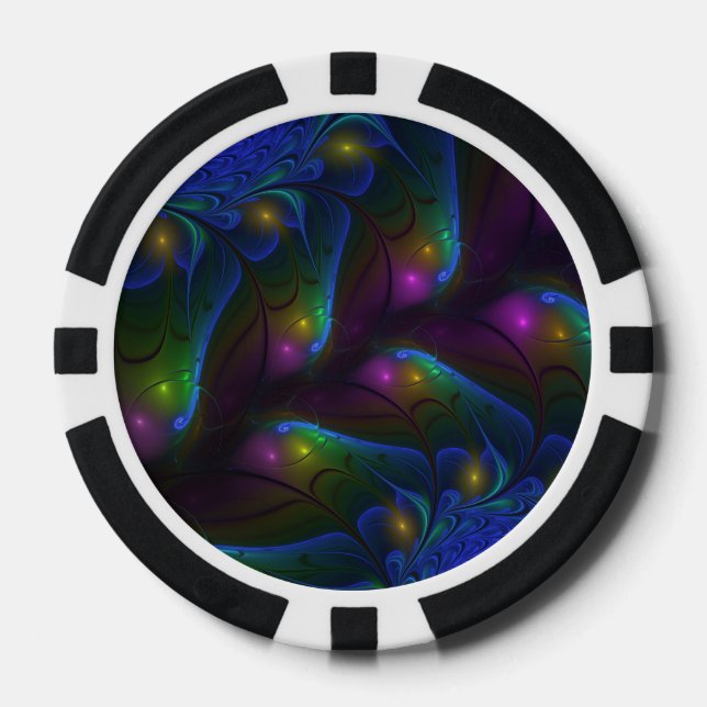 Colorful Luminous Abstract Modern Trippy Fractal Poker Chips (Front)