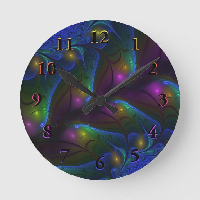 Colorful Luminous Abstract Modern Trippy Fractal Round Clock (Front)