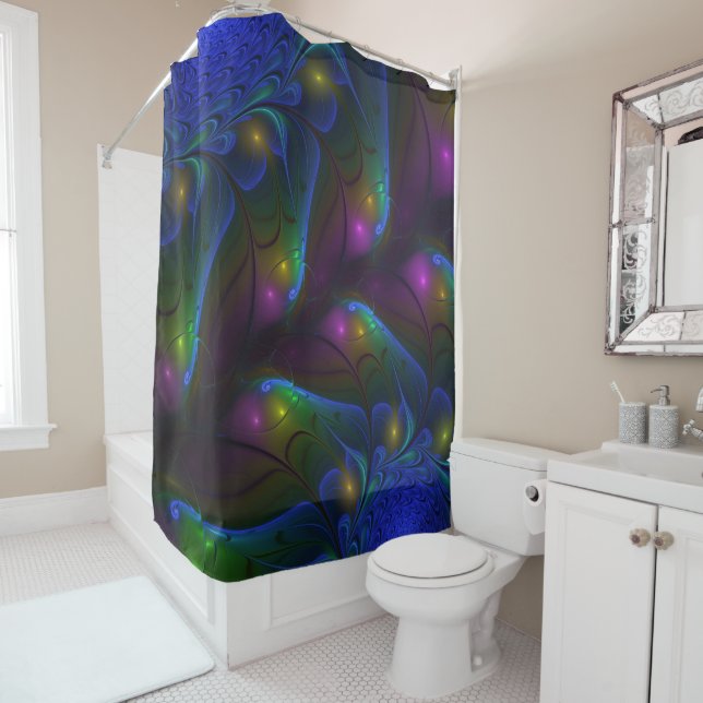 Colorful Luminous Abstract Modern Trippy Fractal Shower Curtain (In Situ)