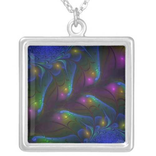 Colorful Luminous Abstract Modern Trippy Fractal Silver Plated Necklace
