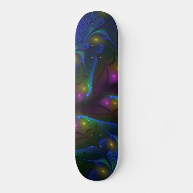 Colorful Luminous Abstract Modern Trippy Fractal Skateboard (Front)