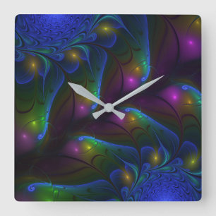 Colorful Luminous Abstract Modern Trippy Fractal Square Wall Clock