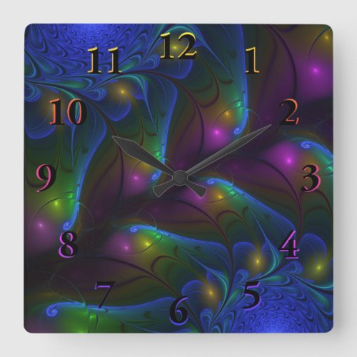 Colorful Luminous Abstract Modern Trippy Fractal Square Wall Clock