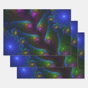 Colorful Luminous Abstract Modern Trippy Fractal Wrapping Paper Sheets