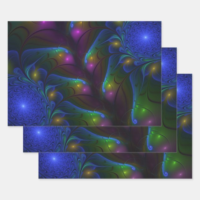 Colorful Luminous Abstract Modern Trippy Fractal Wrapping Paper Sheets (Set)