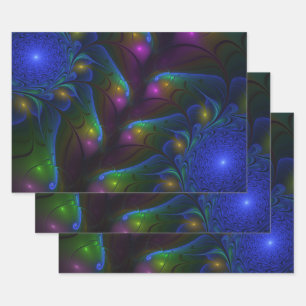 Colorful Luminous Abstract Modern Trippy Fractal Wrapping Paper Sheets