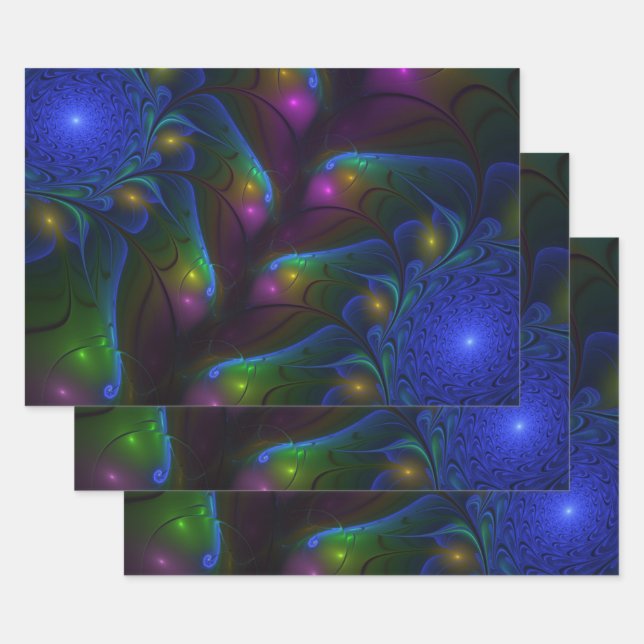 Colorful Luminous Abstract Modern Trippy Fractal Wrapping Paper Sheets (Set)