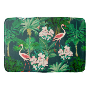 Colorful lush jungle pattern shower curtain bath mat