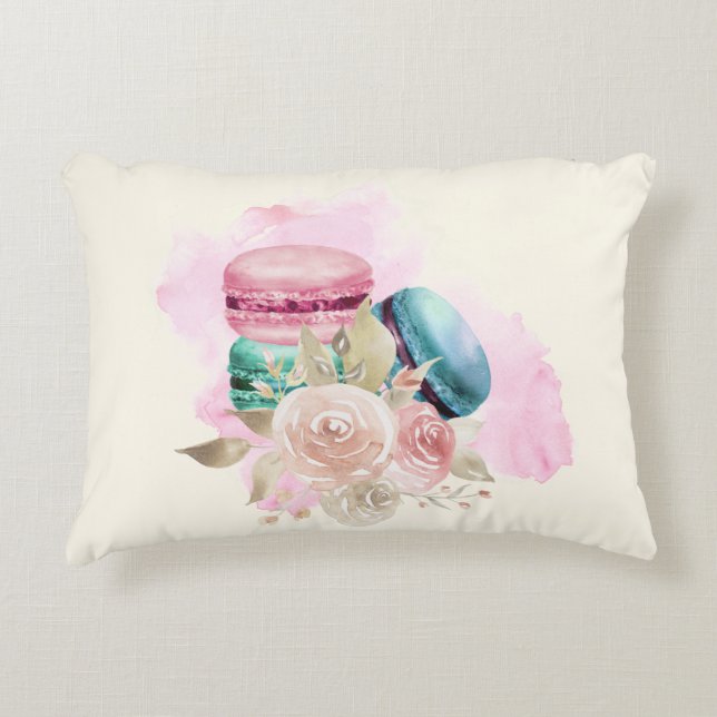 Colorful Macarons and Flowers Watercolor Accent Pillow (Front)