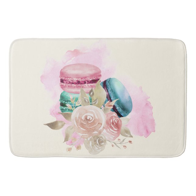 Colorful Macarons and Flowers Watercolor Bath Mat (Front)