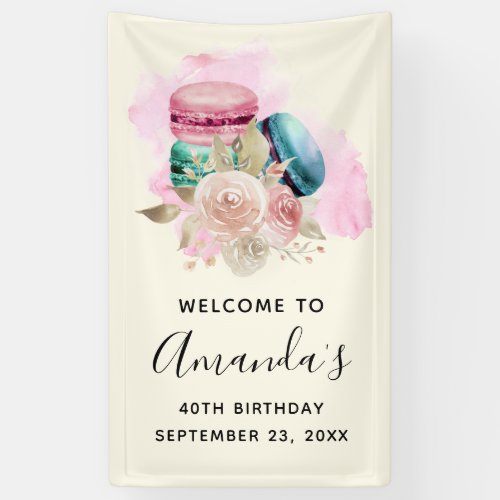Colorful Macarons and Flowers Watercolor Birthday Banner