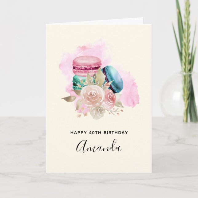 Colorful Macarons and Flowers Watercolor Birthday Card (Front)