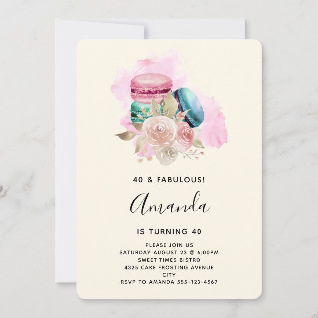 Colorful Macarons and Flowers Watercolor Birthday Invitation (Front)