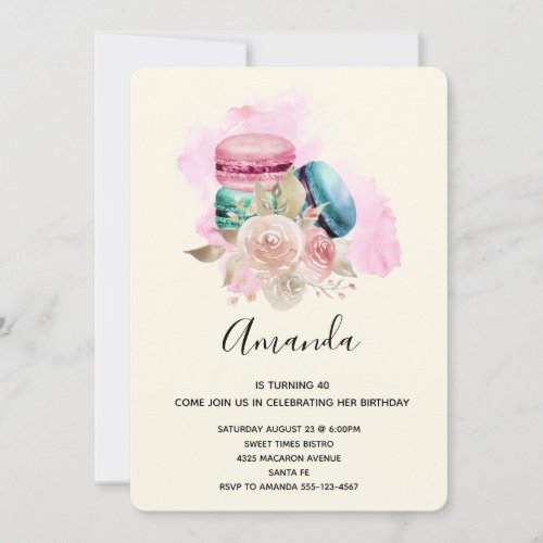 Colorful Macarons and Flowers Watercolor Birthday Invitation