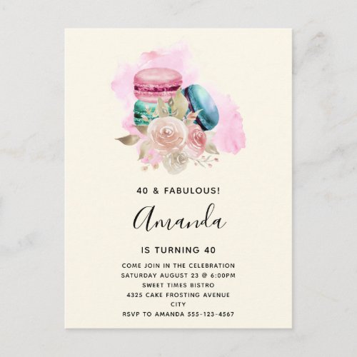 Colorful Macarons and Flowers Watercolor Birthday Invitation Postcard