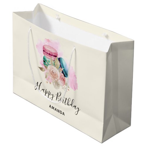 Colorful Macarons and Flowers Watercolor Birthday Large Gift Bag