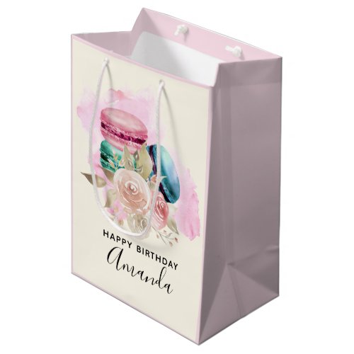 Colorful Macarons and Flowers Watercolor Birthday Medium Gift Bag