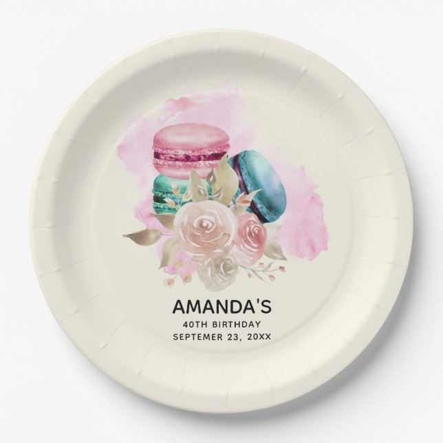 Colorful Macarons and Flowers Watercolor Birthday Paper Plates (Front)
