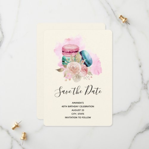 Colorful Macarons and Flowers Watercolor Birthday Save The Date