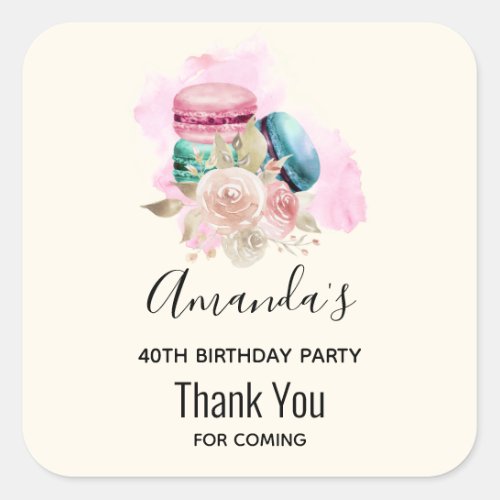 Colorful Macarons and Flowers Watercolor Birthday Square Sticker