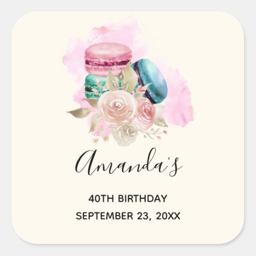 Colorful Macarons and Flowers Watercolor Birthday  Square Sticker