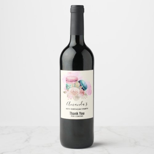 Colorful Macarons and Flowers Watercolor Birthday Wine Label
