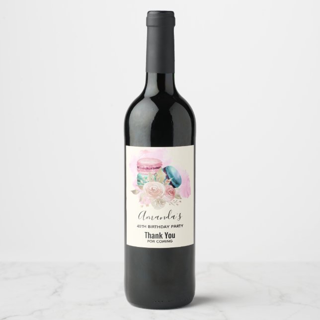 Colorful Macarons and Flowers Watercolor Birthday Wine Label (Front)