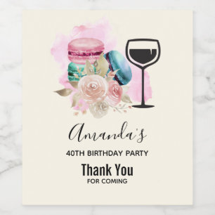 Colorful Macarons and Flowers Watercolor Birthday Wine Label