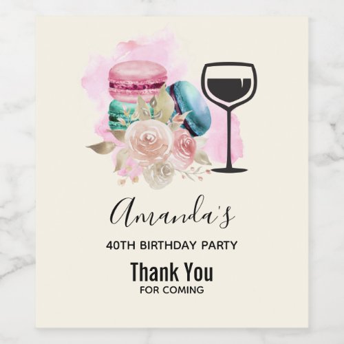 Colorful Macarons and Flowers Watercolor Birthday Wine Label