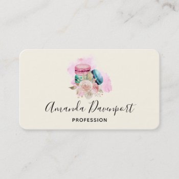Colorful Macarons And Flowers Watercolor Business  Business Card by Mirribug at Zazzle