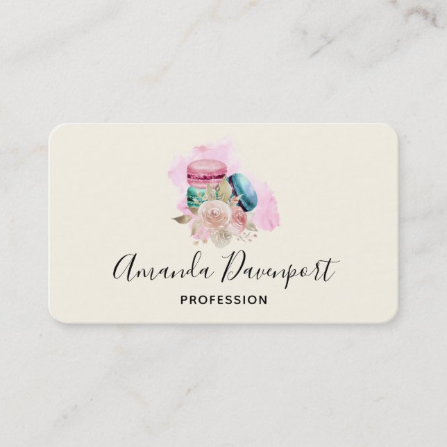 Colorful Macarons and Flowers Watercolor Business  Business Card (Front)