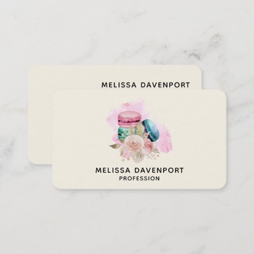 Colorful Macarons and Flowers Watercolor Business Card