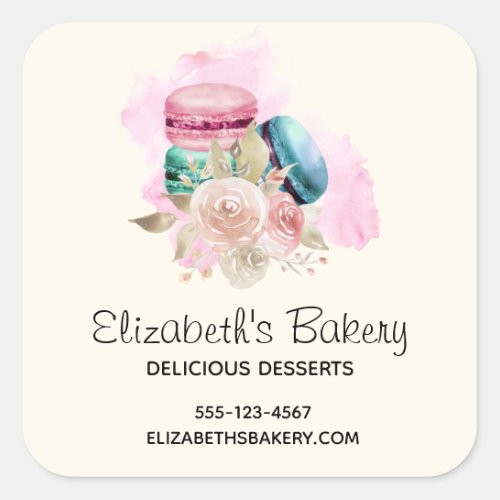 Colorful Macarons and Flowers Watercolor Business Square Sticker