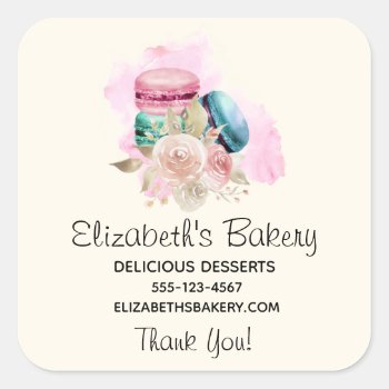 Colorful Macarons And Flowers Watercolor Business  Square Sticker by Mirribug at Zazzle