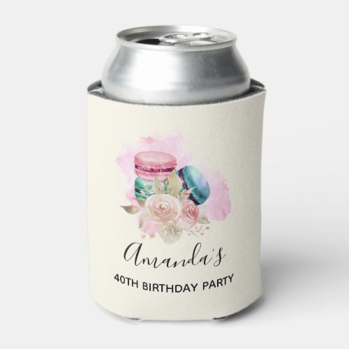 Colorful Macarons and Flowers Watercolor Can Cooler