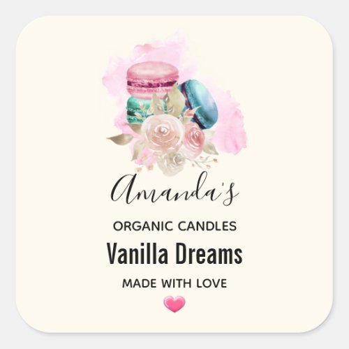 Colorful Macarons and Flowers Watercolor Candle Square Sticker