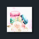 Colorful Macarons and Flowers Watercolor Canvas Print<br><div class="desc">Canvas print with a delightful image. 3 colorful macarons,  pink,  green and blue with a fancy rose floral bouquet and a splash of pink watercolor. Delicious and stylish too! Light yellow background.</div>