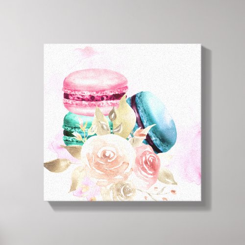 Colorful Macarons and Flowers Watercolor Canvas Print