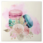 Colorful Macarons and Flowers Watercolor Ceramic Tile<br><div class="desc">Ceramic tile with a delightful image. 3 colorful macarons,  pink,  green and blue with a fancy rose floral bouquet and a splash of pink watercolor. Delicious and stylish too! Light yellow background.</div>