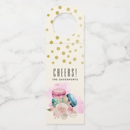  Colorful Macarons and Flowers Watercolor Cheers Bottle Hanger Tag