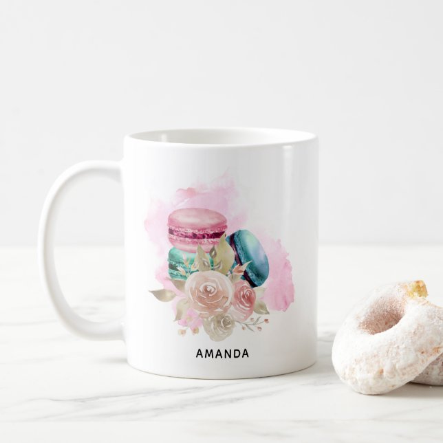 Colorful Macarons and Flowers Watercolor Coffee Mug (With Donut)