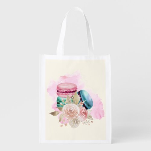 Colorful Macarons and Flowers Watercolor Grocery Bag