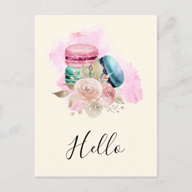 Colorful Macarons and Flowers Watercolor Hello Postcard (Front)