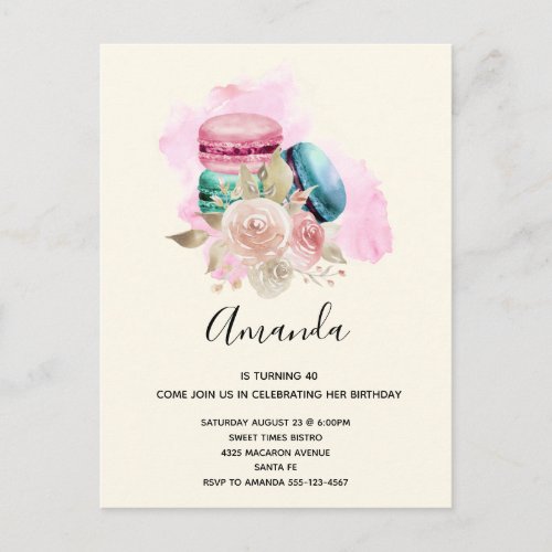 Colorful Macarons and Flowers Watercolor Invitation Postcard